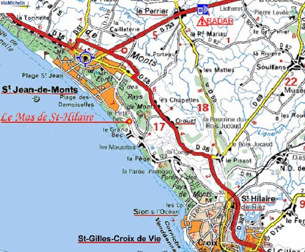 Kaart van de kust tussen Saint-Jean-de-Monts en Saint-Gilles-Croix-de-Vie